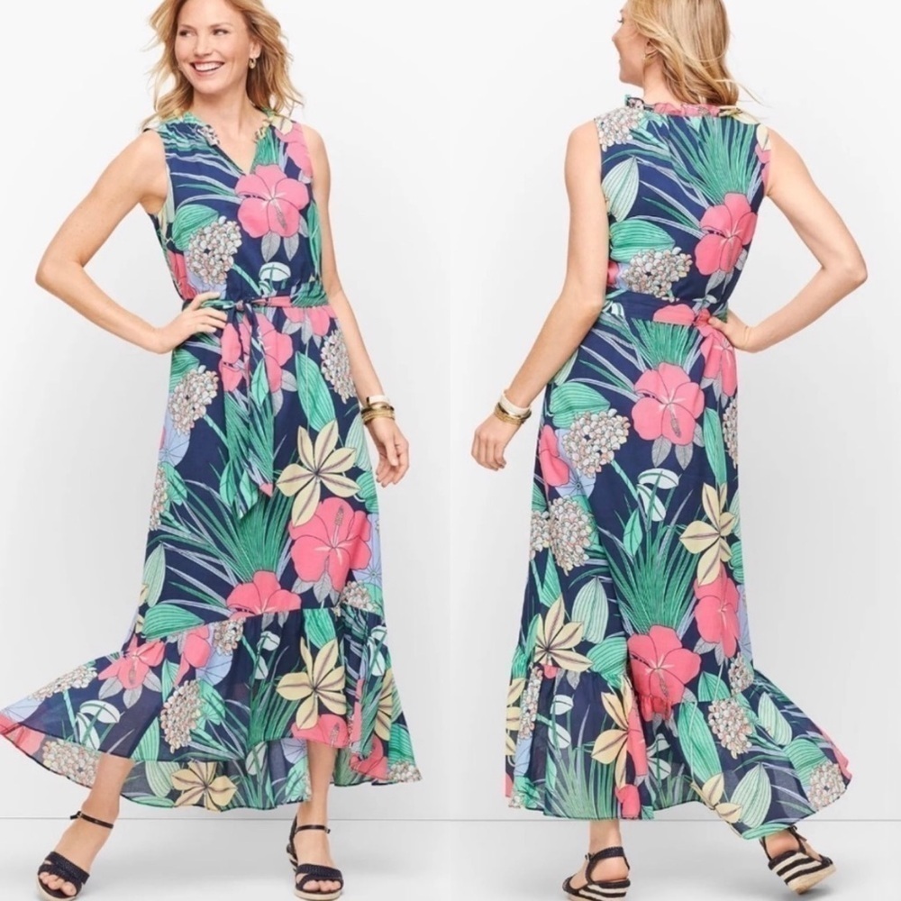 NWT Talbots Cotton Voile Hibiscus Sleeveless Ruffle Maxi Dress